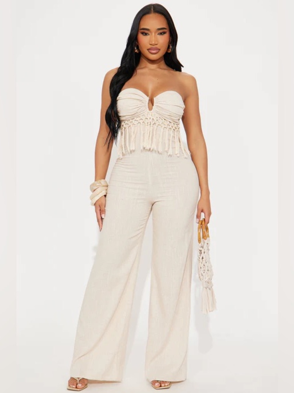 New nib linen Strapless Fringe Wide-Leg Jumpsuit in Cream size 2x
